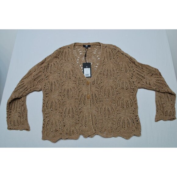 Frye Cinnamon Brown Open Knit Long Sleeve Cardigan Sweater Size Large - Picture 1 of 12